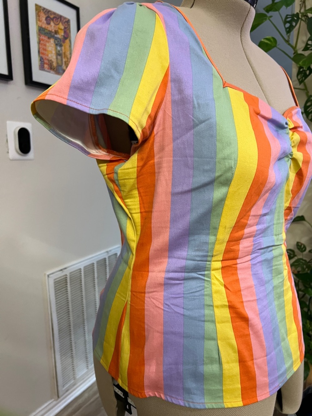 Collectif Rainbow Stripe Sweetheart Blouse in Yellow, Orange, Pink, Purple, Blue - Picture 5 of 7